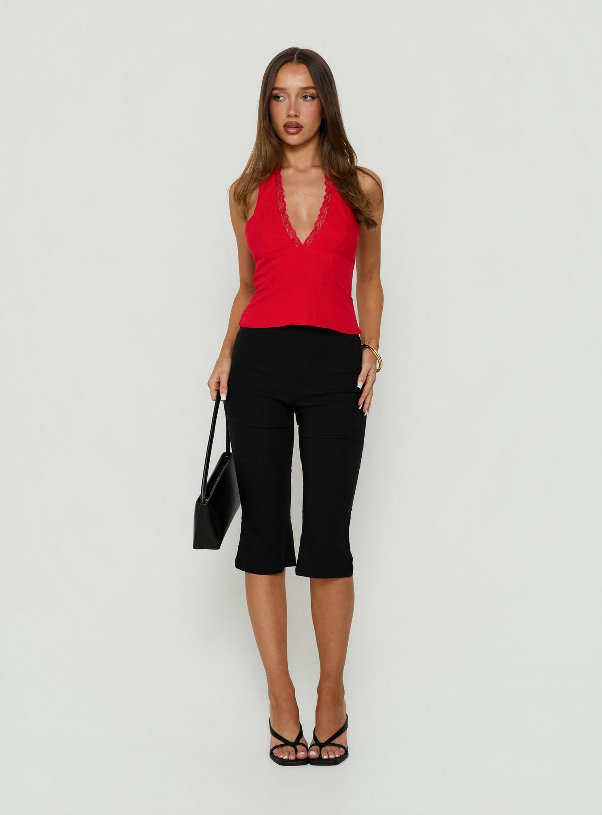 No Pressure Lace Trim Halter Top Red