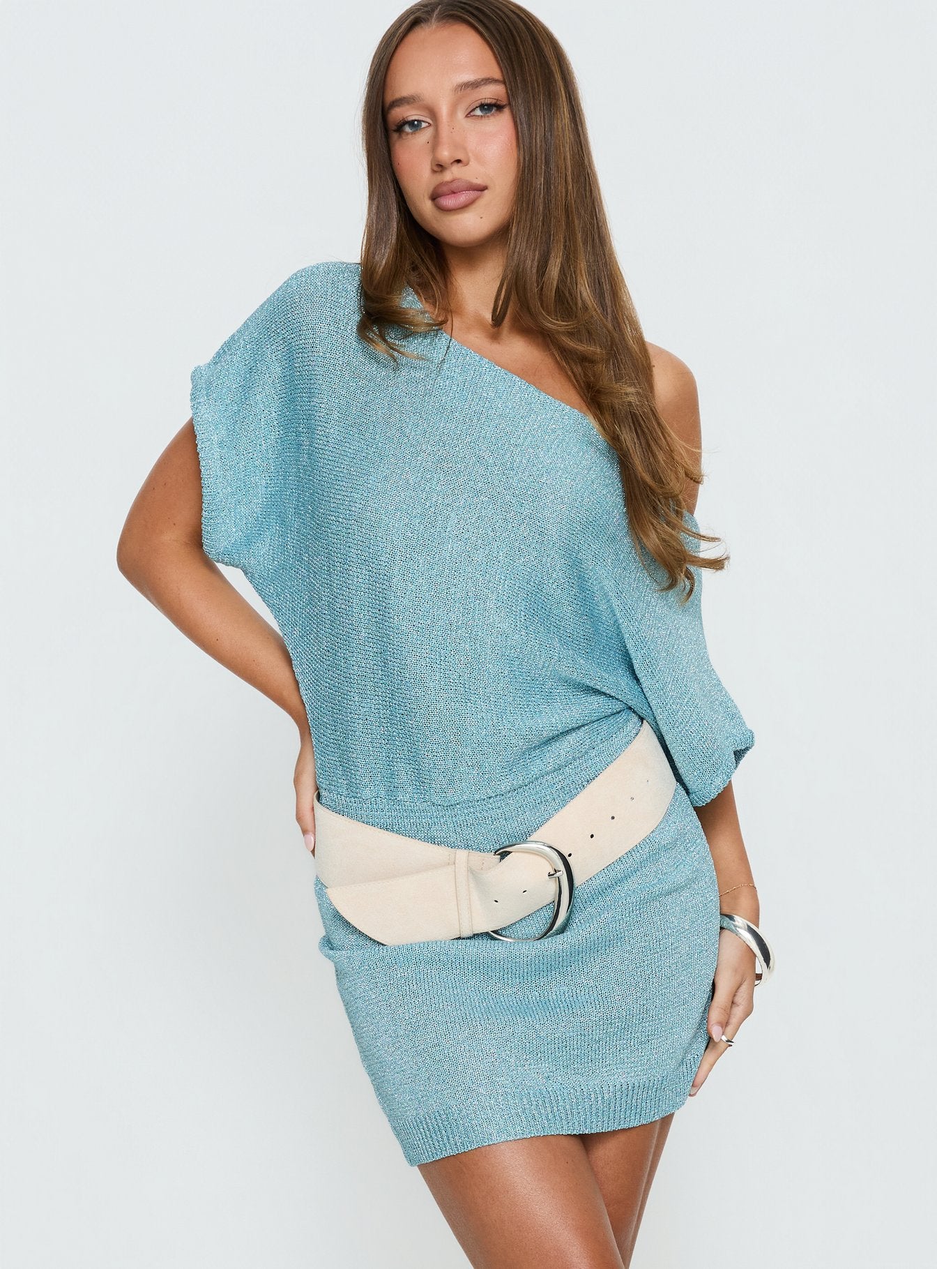 Kysa Off Shoulder Knit Mini Dress | Ocean Blue | Womens