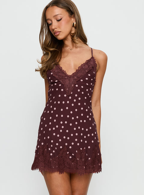 Call My Lover Lace Slip Mini Dress Brown Polka