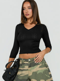 Sofelia Pointelle V Neck Top Black