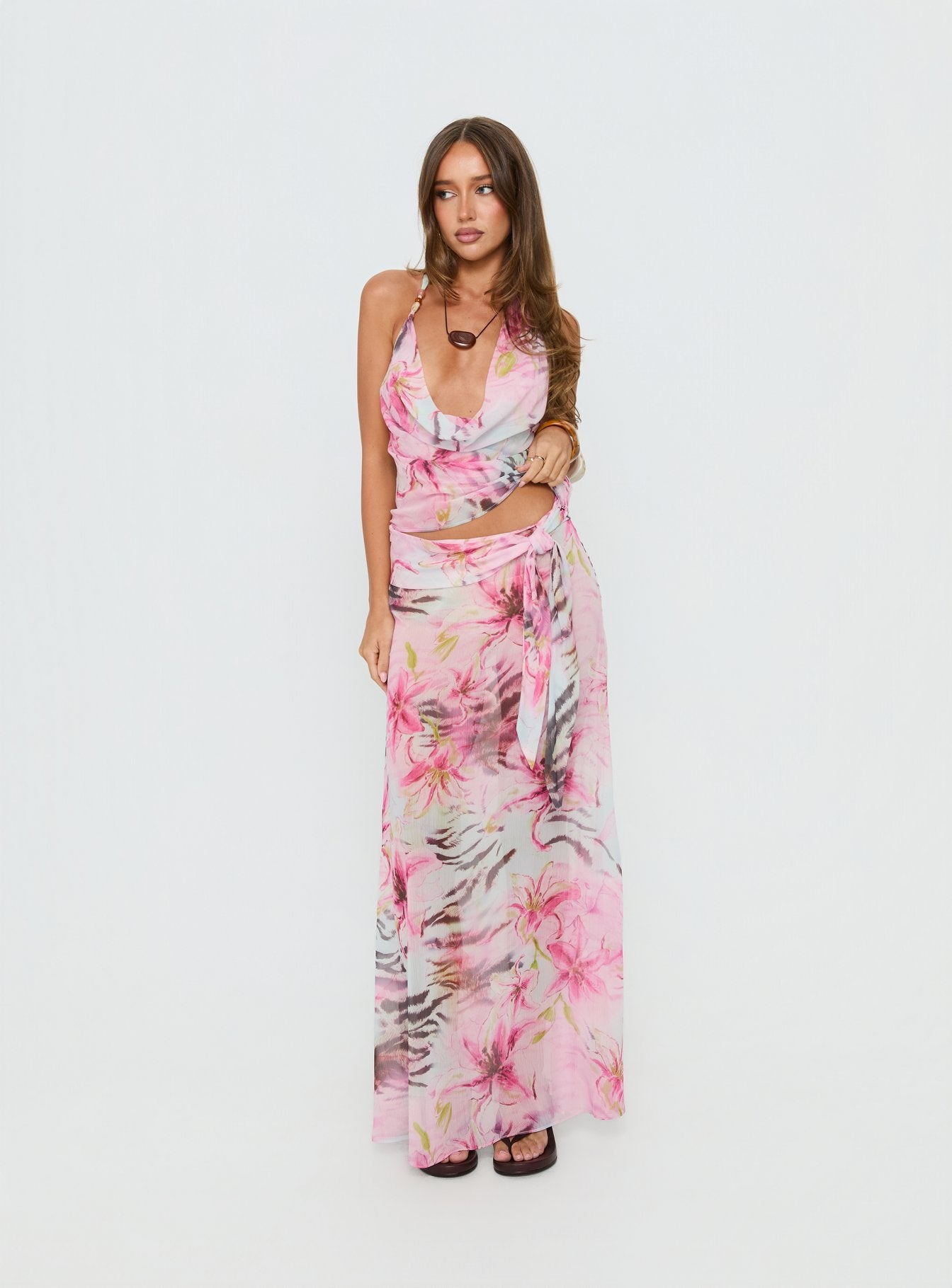 back view of model wearing Princess Polly Karzi Chiffon Maxi Skirt Pink Floral Maxi Skirts 