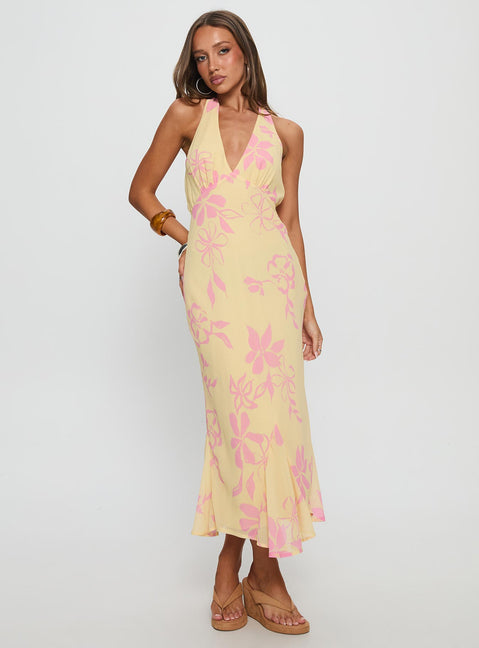 Alayla Halter Midi Dress Yellow Floral | Princess Polly Alayla Halter Midi Dress Yellow Floral | Princess Polly