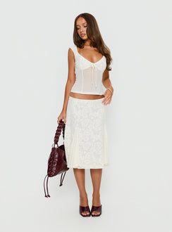 back view of model wearing Princess Polly Quani Lace Midi Skirt Cream Midi Skirts 