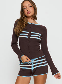 front view of model wearing Princess Polly Beverlea Button Down Knit Cardigan Brown / Blue Stripe 
