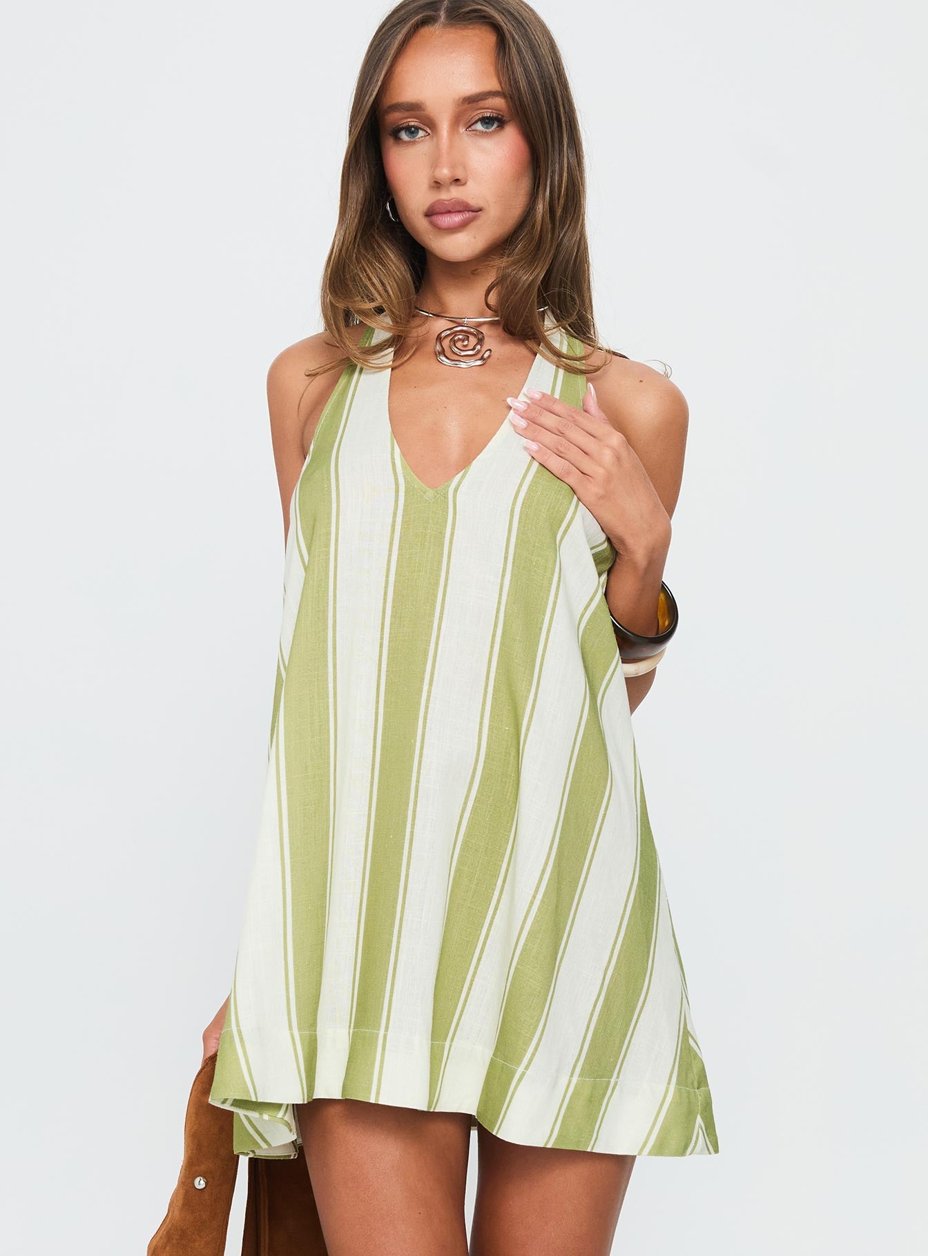 Khaia Halter Mini Dress Green / Cream Stripe | Princess Polly Khaia Halter Mini Dress Green / Cream Stripe | Princess Polly