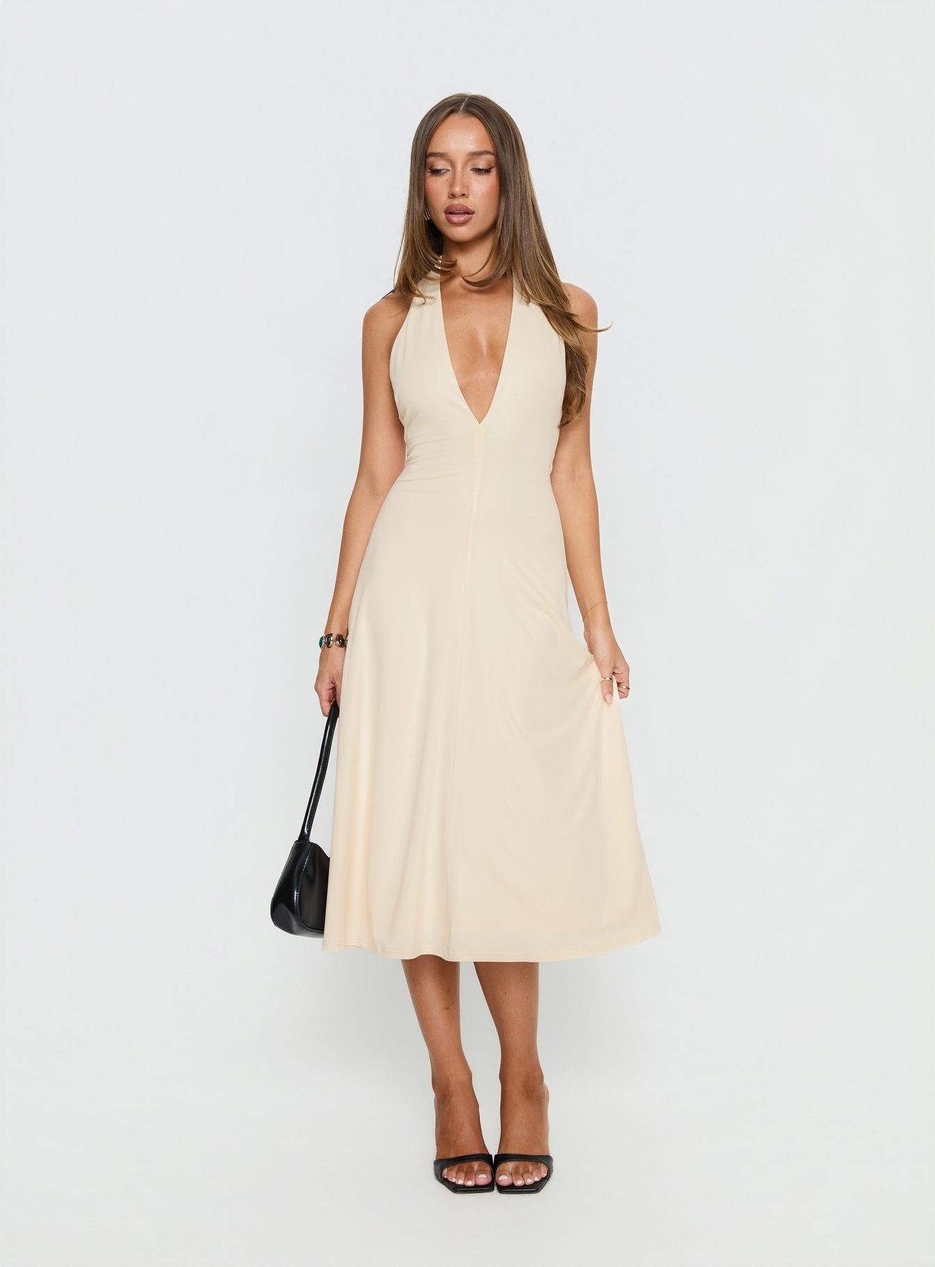 Morganne Halter Plunge Midi Dress Butter | Princess Polly Morganne Halter Plunge Midi Dress Butter | Princess Polly