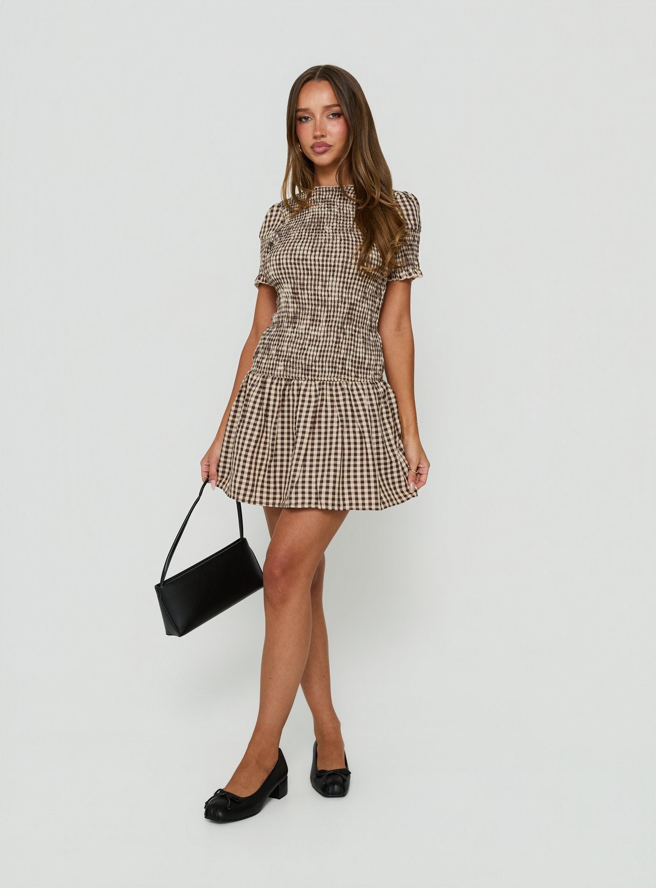 Laurita Shirred Mini Dress Brown Check | Princess Polly
