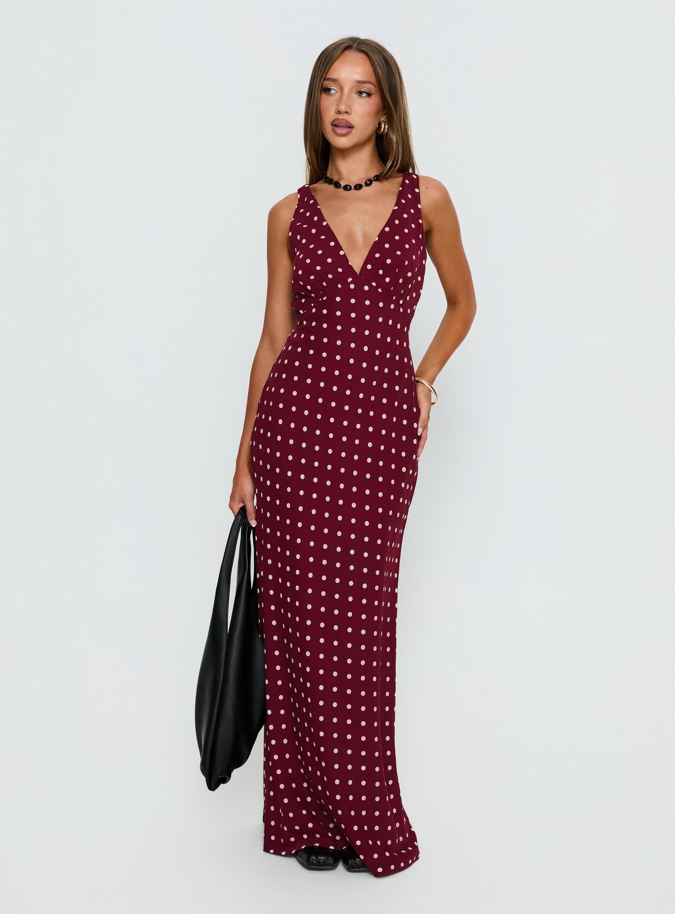 Nellie Maxi Dress Burgundy Polka Dot | Princess Polly Nellie Maxi Dress Burgundy Polka Dot | Princess Polly