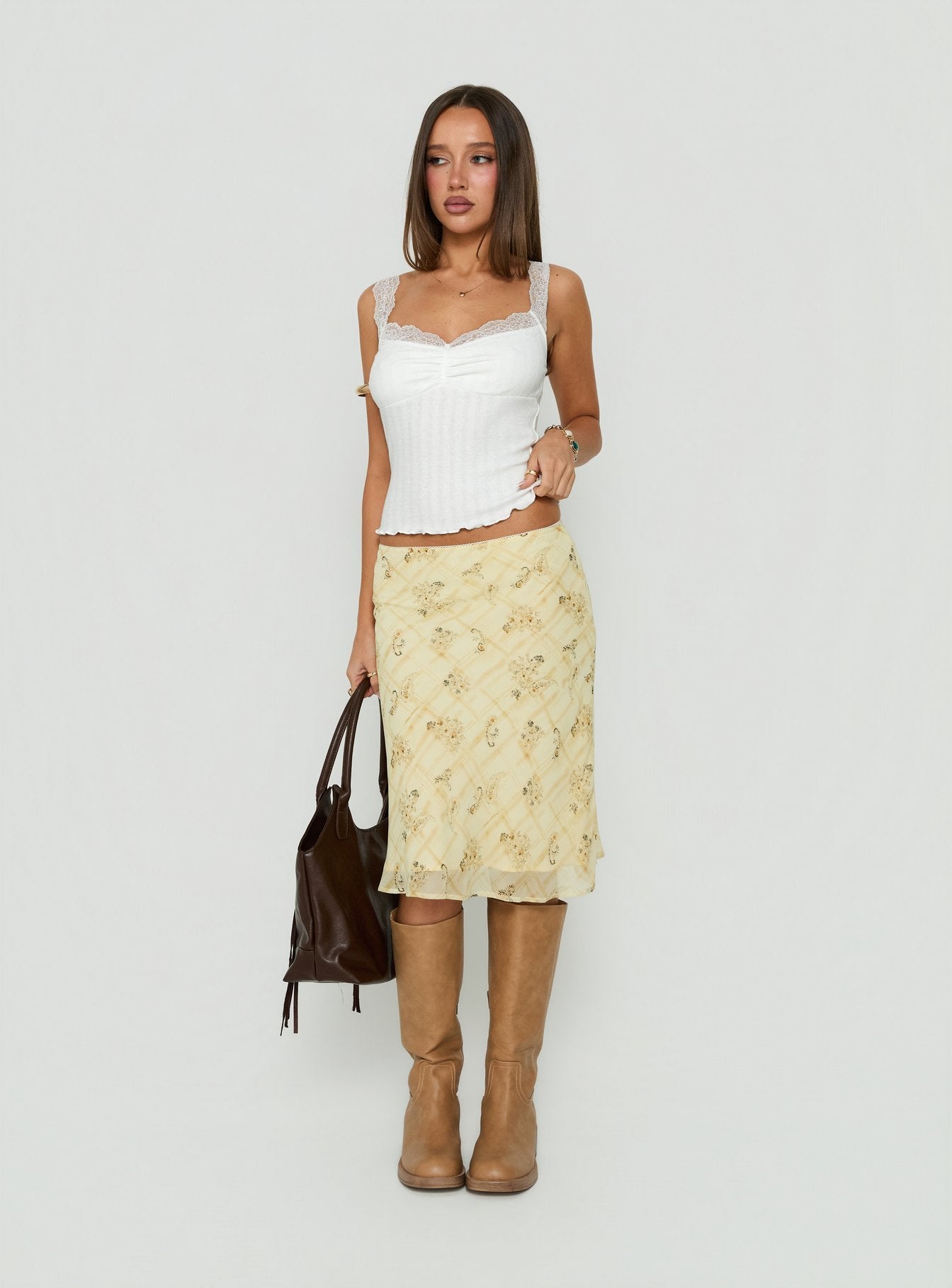 Evina Picot Trim Midi Skirt Yellow Paisley