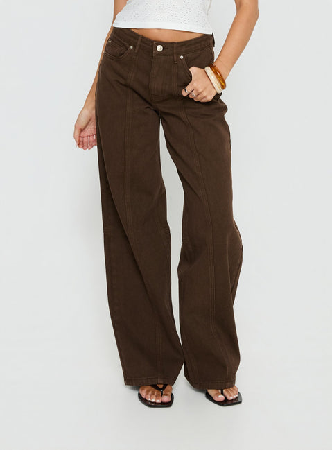 side view of model wearing Princess Polly Lando Low Rise Straight Leg Jeans Chocolate Mid Rise Jeans 