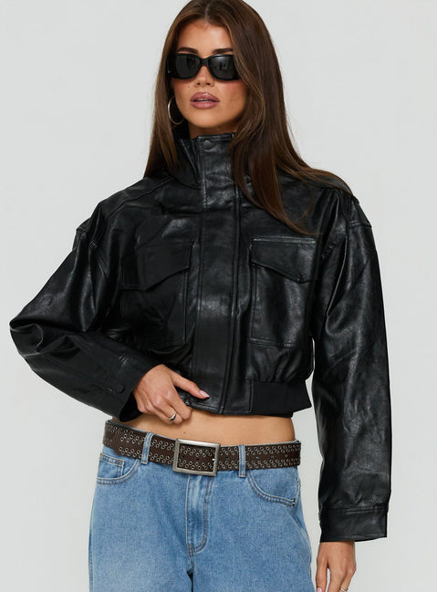 Ace Player Funnel Neck Faux Leather Jacket Black