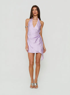 Landree Wrap Halter Satin Mini Dress Lilac