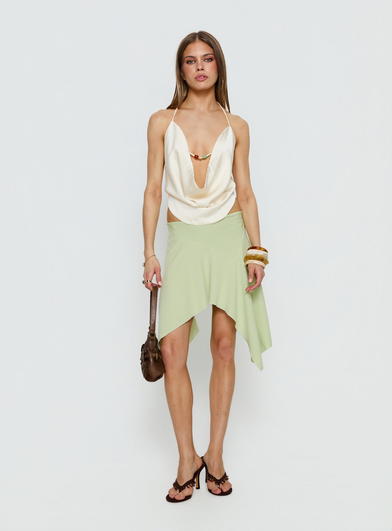   front view of model wearing Princess Polly Daelen Waterfall Midi Skirt Mint Midi Skirts 
