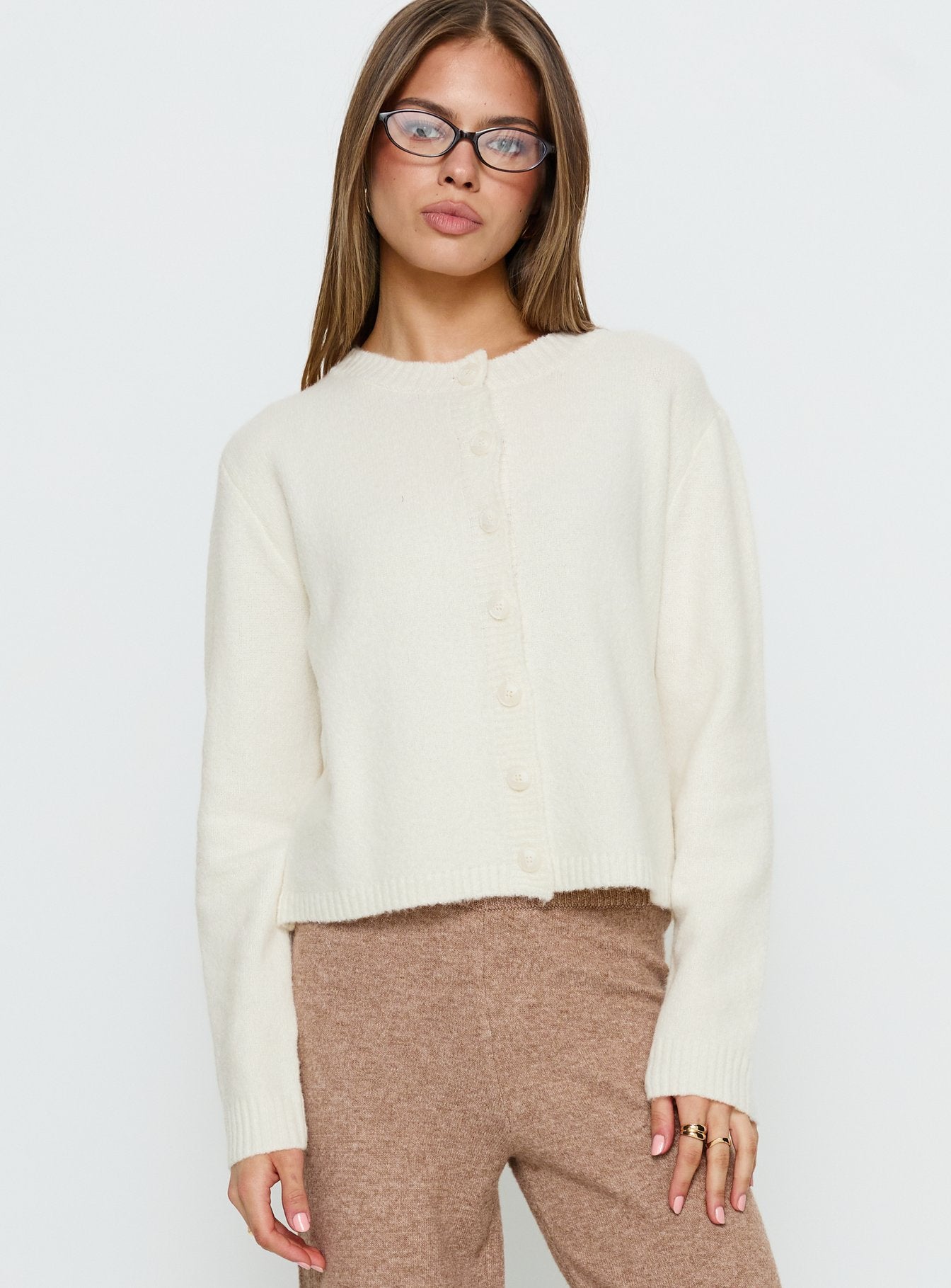 front view of model wearing Princess Polly Denmark Cardigan White Cropped Jumpers 