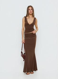 back view of model wearing Princess Polly Zespri Jersey Maxi Skirt Brown Maxi Skirts 