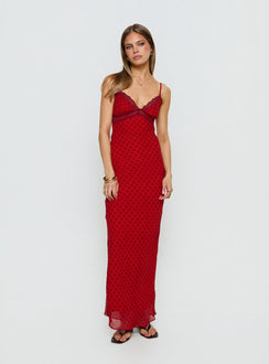 Adasia Lace V Neck Maxi Dress Red Polka Dot