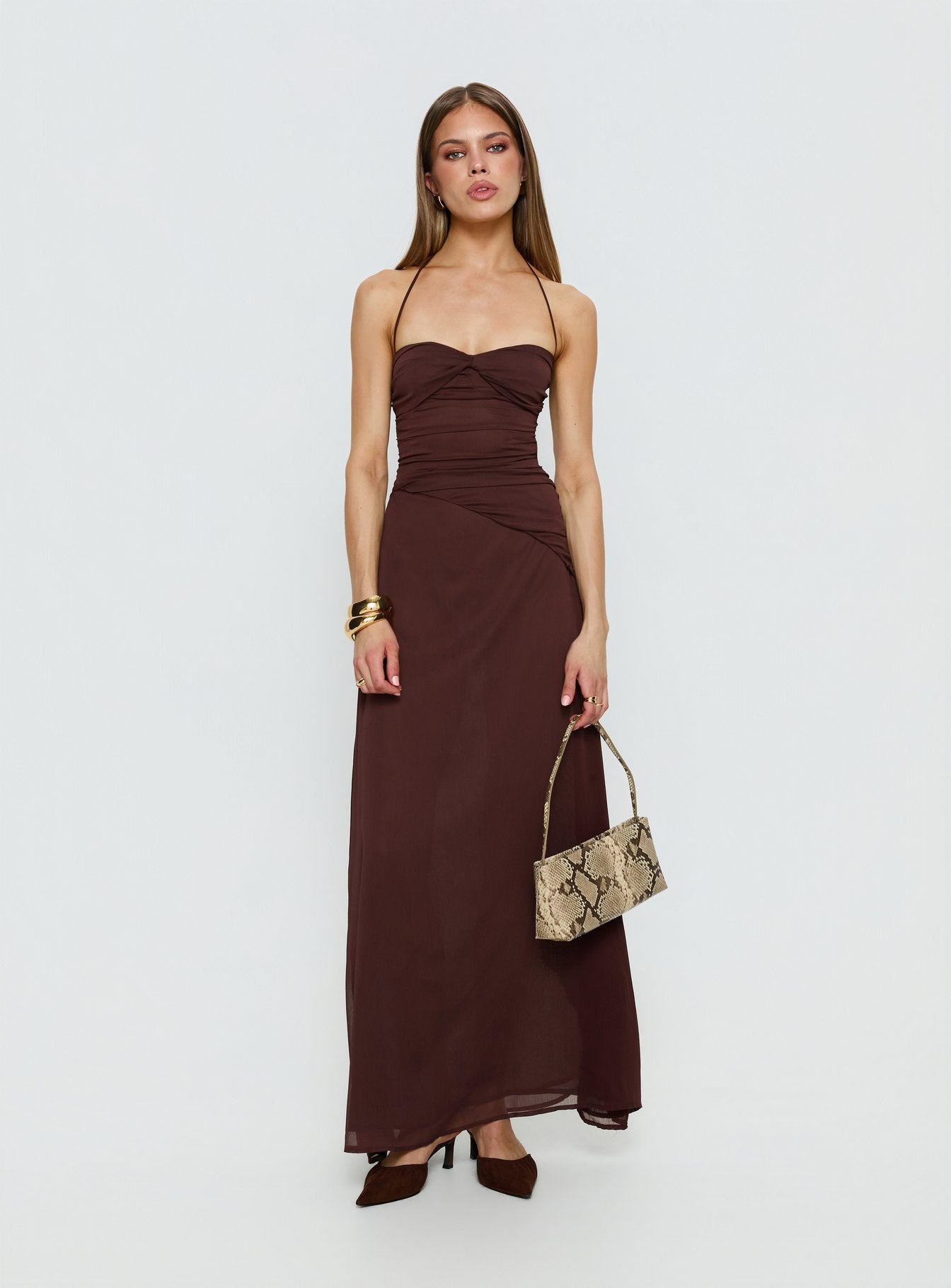 Kaemila Halter Chiffon Maxi Dress | Brown | Womens | Princess Polly Kaemila Halter Chiffon Maxi Dress | Brown | Womens | Princess Polly