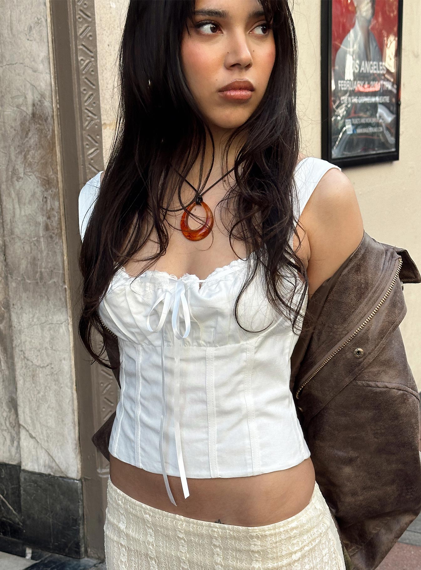 front view of model wearing Princess Polly Matao Top White Short Sleeves Square Neck 