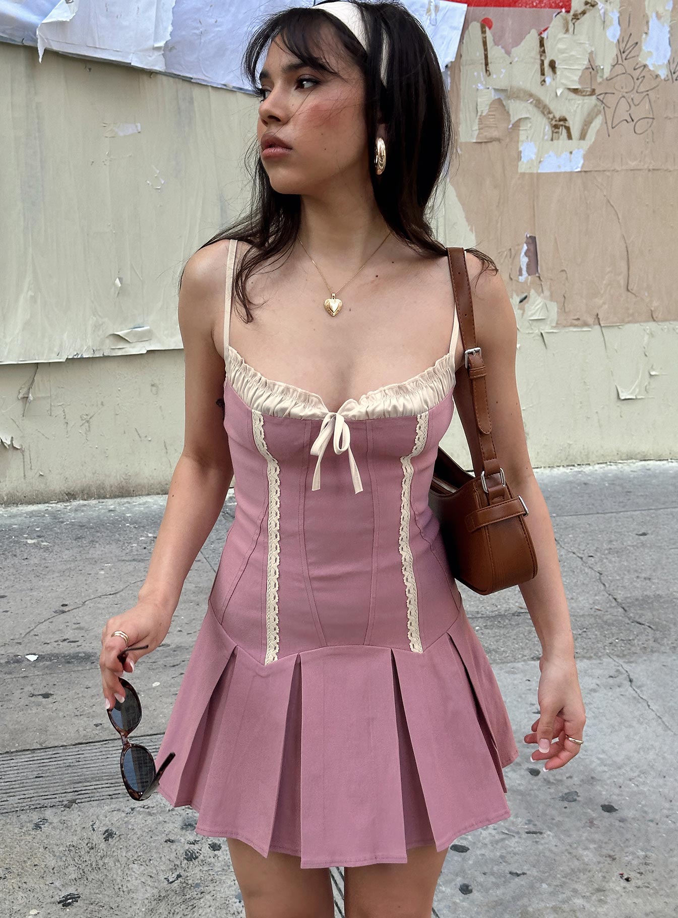 front view of model wearing Princess Polly Shirina Mini Dress Dusty Pink Square Neck 
