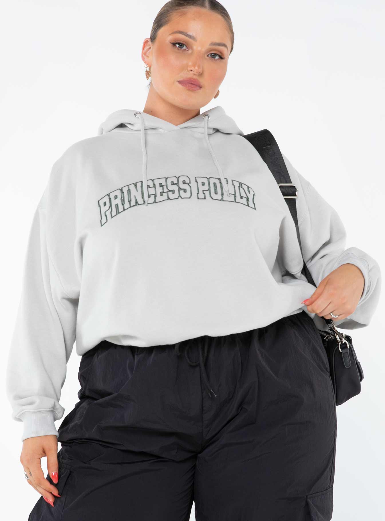 Princess polly hooded sweatshirt collegiate text grey / green curve