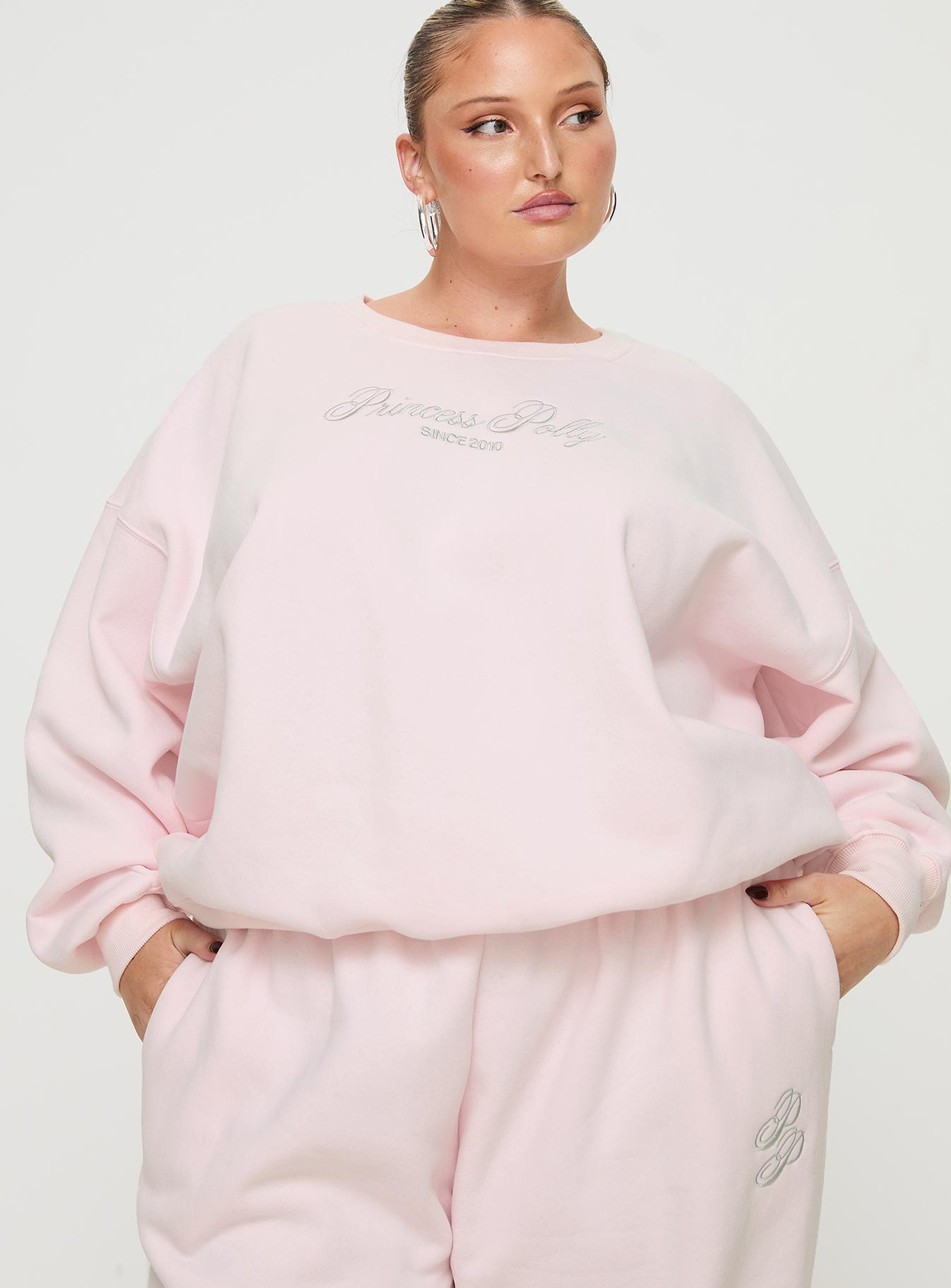 Princess polly crew neck sweatshirt script baby pink / grey curve