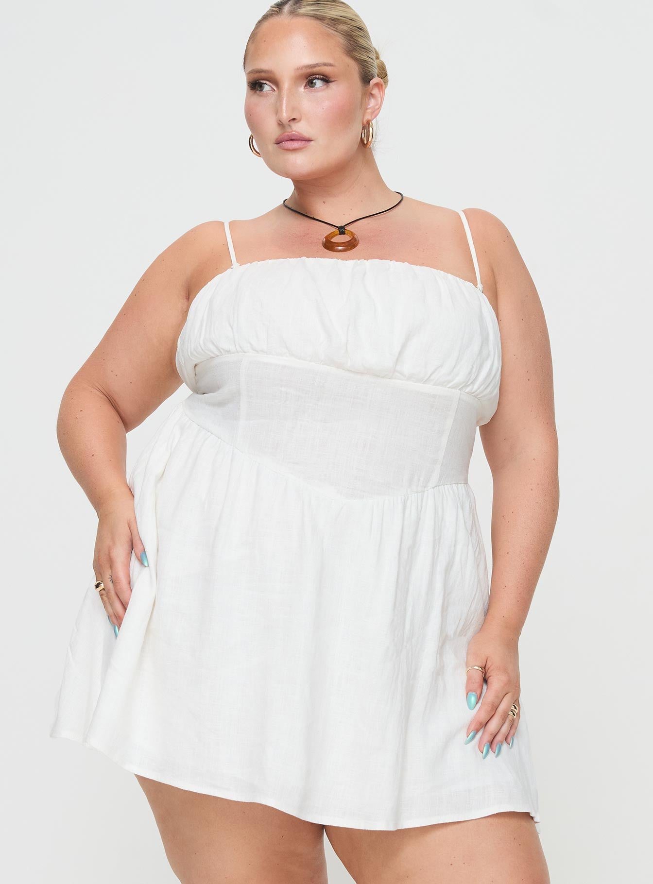 Slow dance linen blend mini dress white curve