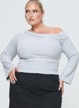 Front view of model wearing  front Princess Polly Full Sleeves Boat Neck  Sina Off The Shoulder Top Grey Curve