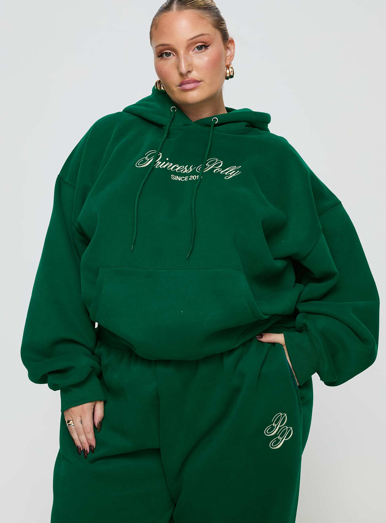 Princess polly hooded sweatshirt script green / ivory curve