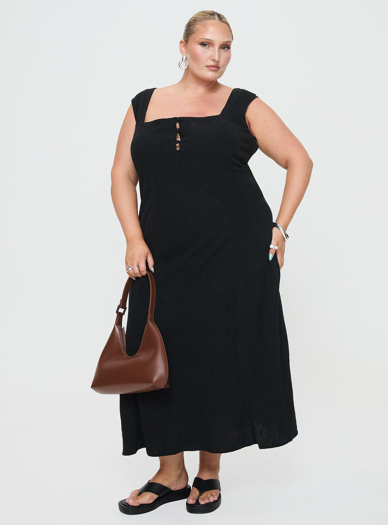 side view of model wearing Princess Polly Chosen Girl Linen Blend Maxi Dress Black Curve Square Neck 