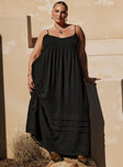Black Linen maxi dress Relaxed fit v-neckline adjustable straps elasticated back tiered detail along bottom