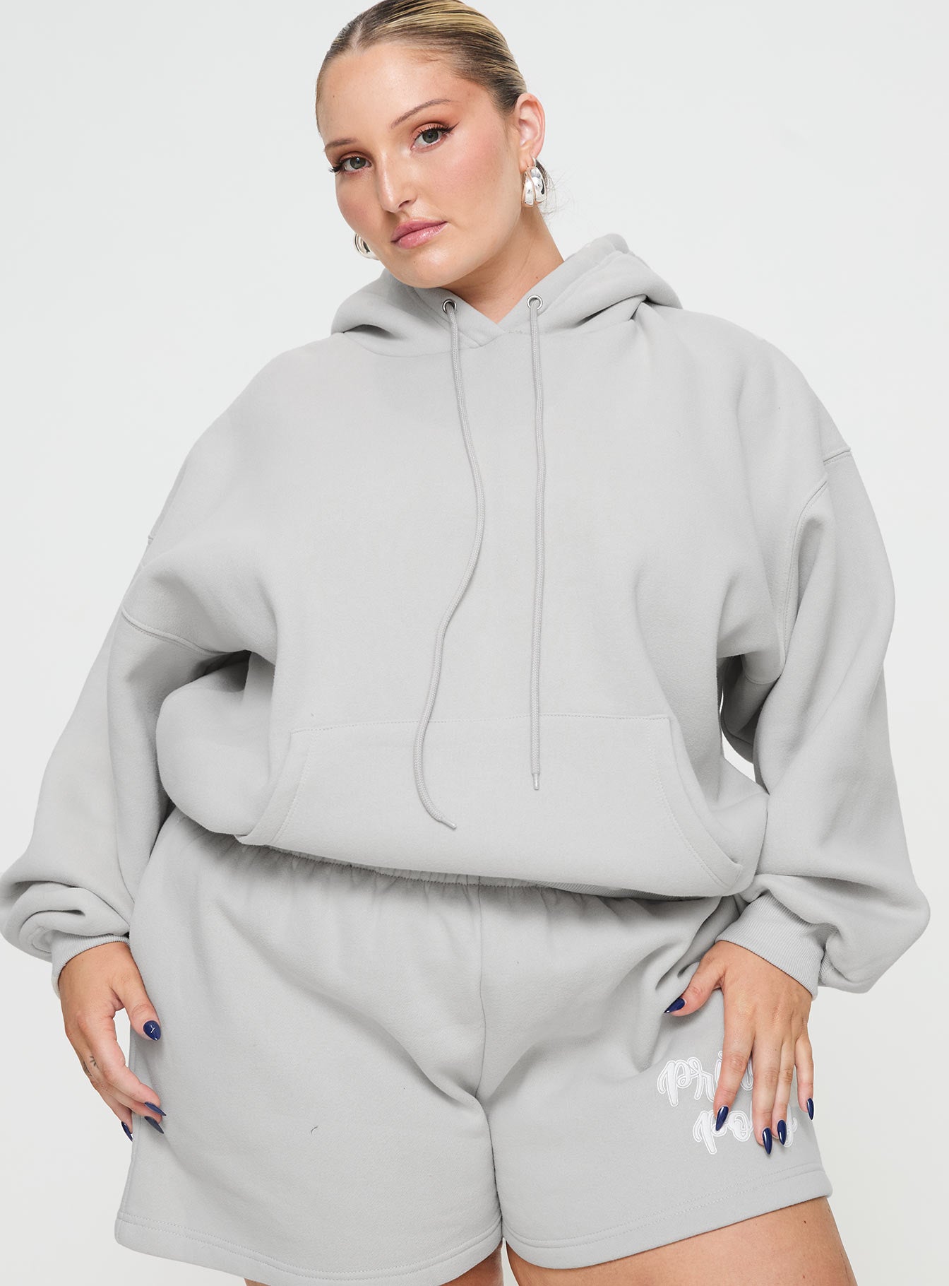 Princess polly hooded sweatshirt puff text grey curve