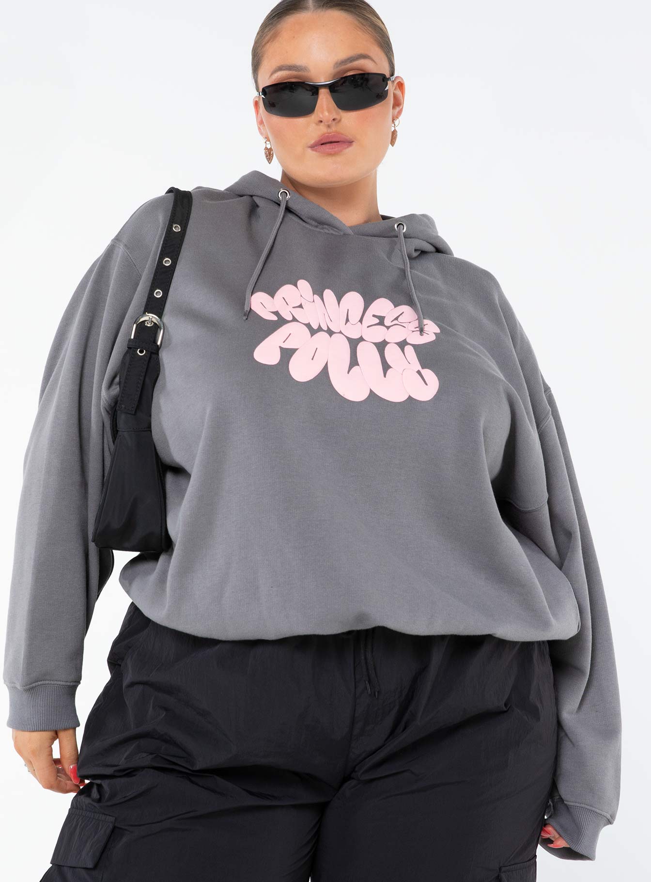 Princess polly hooded sweatshirt bubble text charcoal / light pink curve