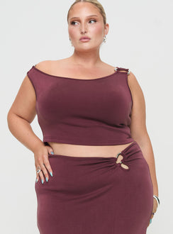 front view of model wearing Princess Polly Rios One Shoulder Top Mauve Curve Sleeveless Asymmetric Neckline 