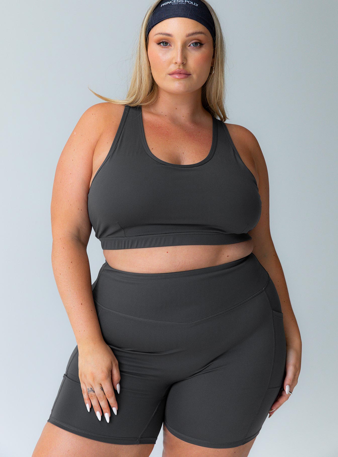 Grey high waist active shorts side pocket