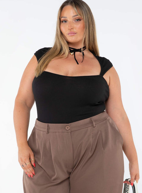 front view of model wearing Princess Polly Halia Bodysuit Black Curve Sleeveless Scoop Neck 