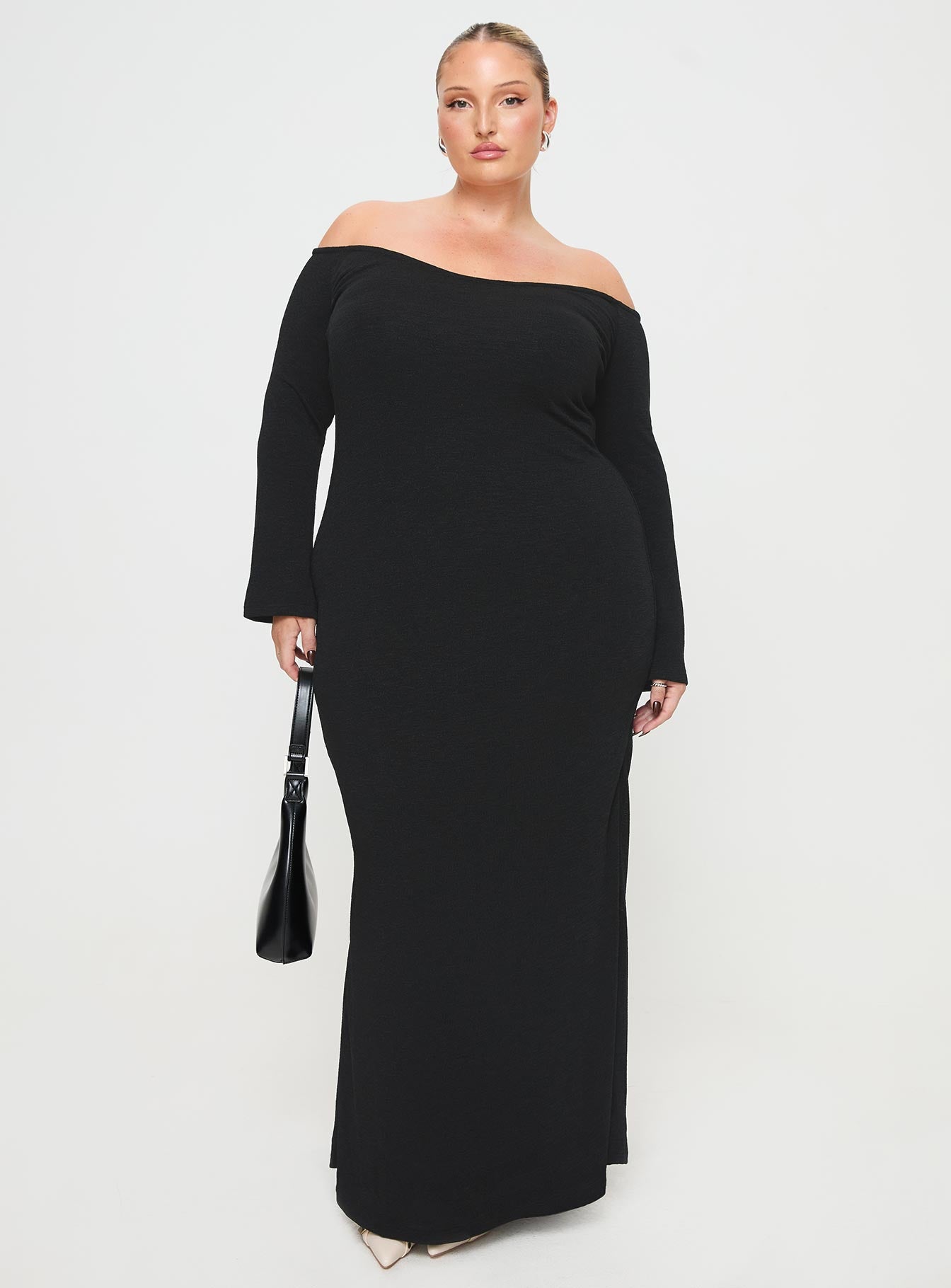 front view of model wearing Princess Polly Korey Off The Shoulder Maxi Dress Black Curve Straight Neck 