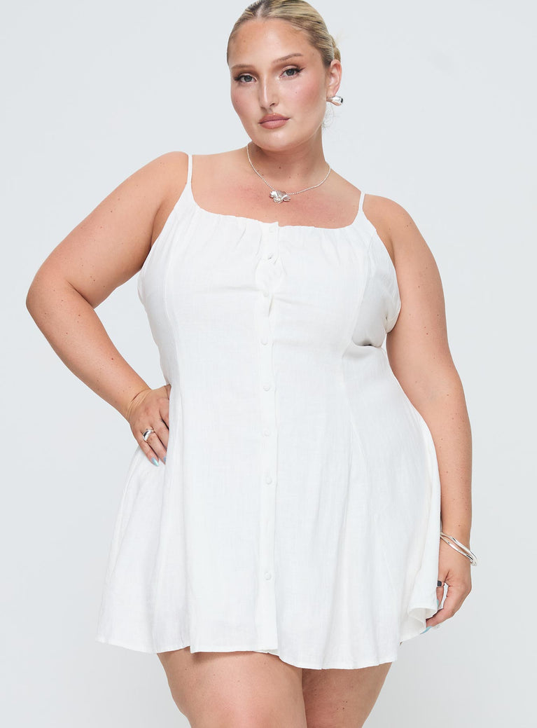 Princess Polly Curve  Linen mini dress Adjustable shoulder straps, scooped neckline, button fastening down front, waist tie fastening at back Non-stretch material, fully lined  Princess Polly Lower Impact