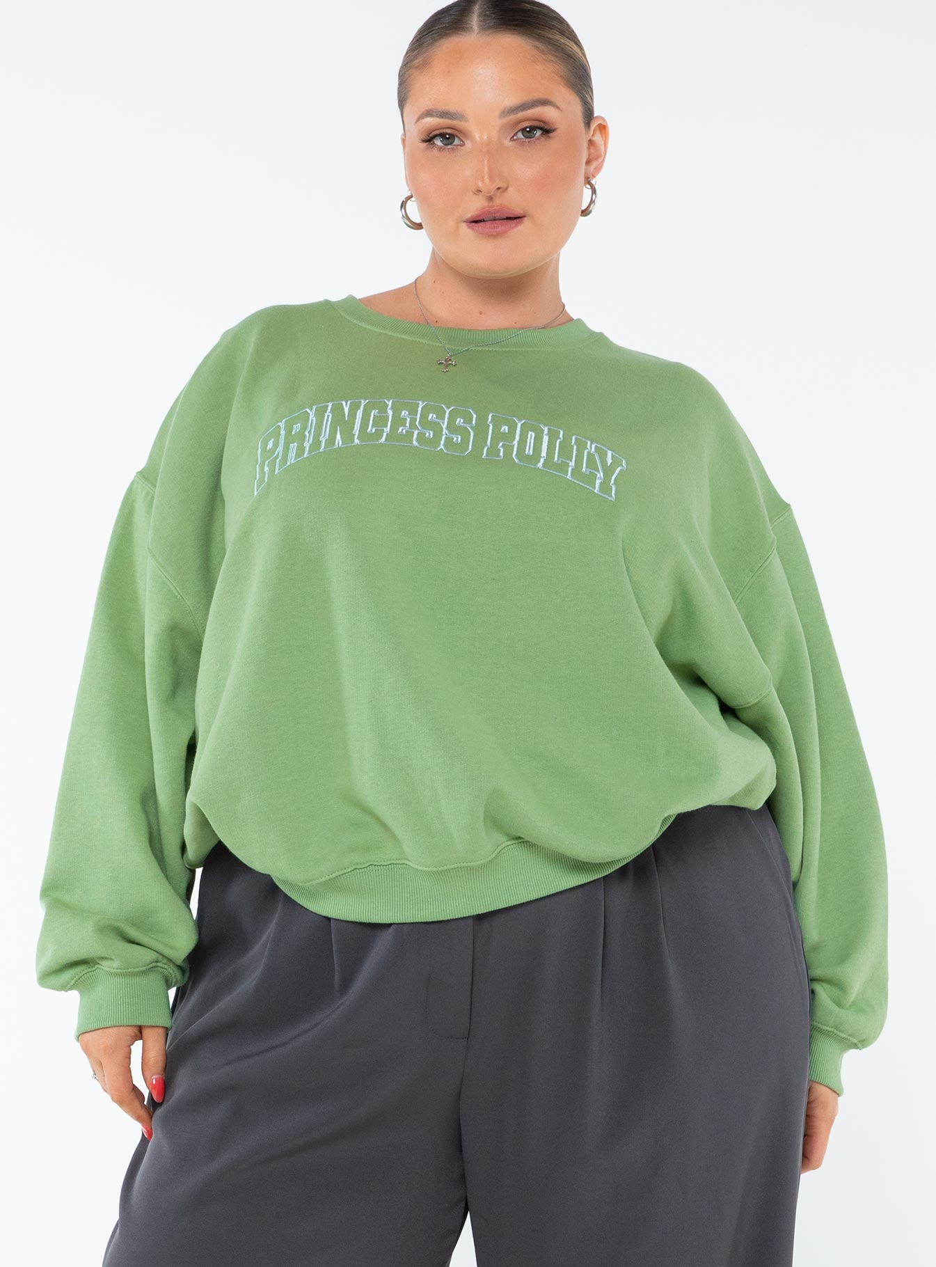 Princess polly crew neck sweatshirt collegiate text green curve