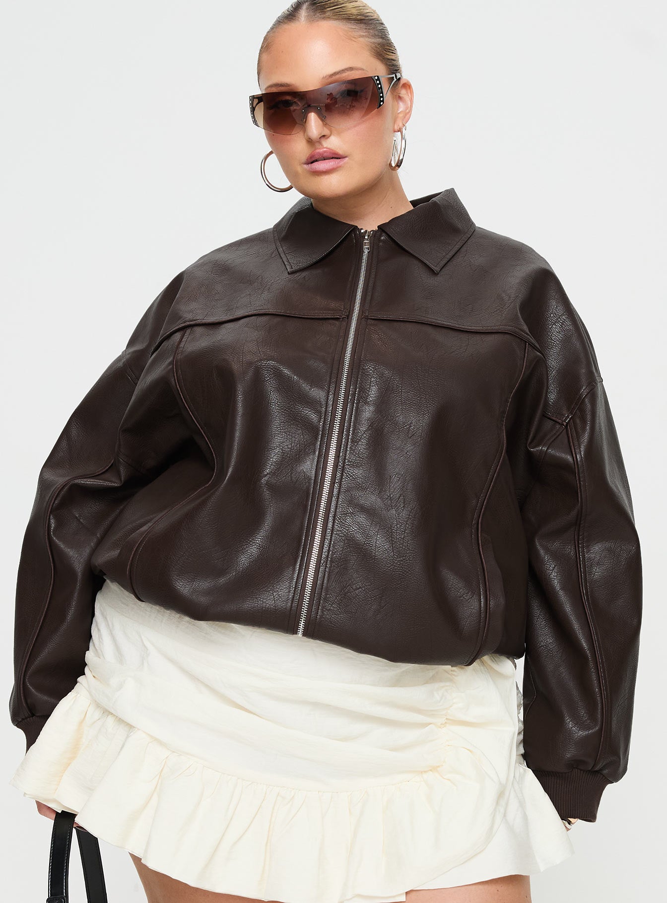 Goldsmith faux leather bomber jacket brown curve