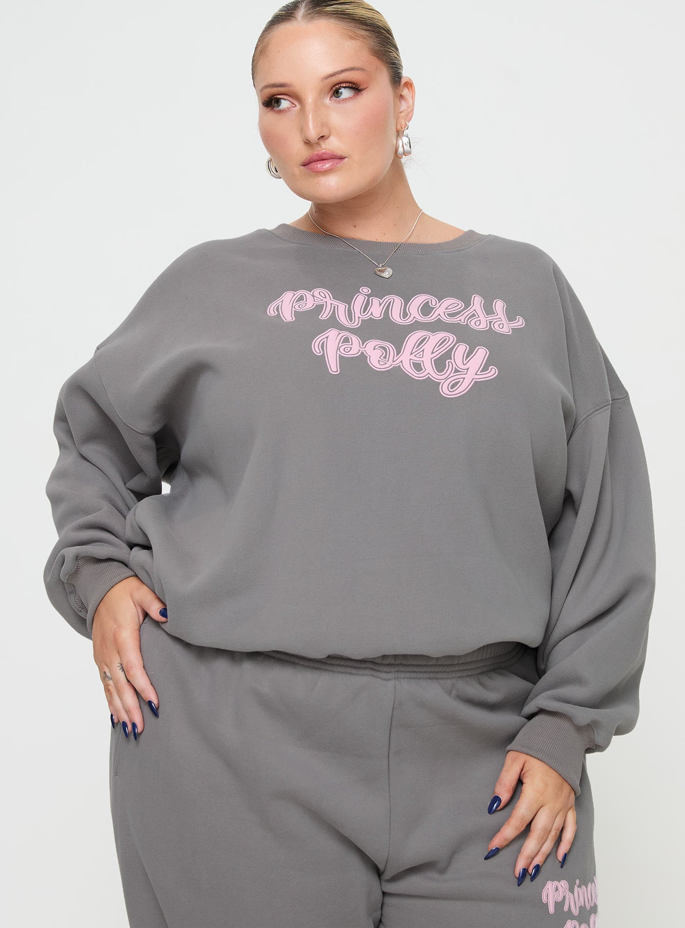 Princess polly crew neck sweatshirt puff text charcoal curve