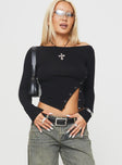 front view of model wearing Princess Polly Karre Off The Shoulder Long Sleeve Top Black Full Sleeves Asymmetric Neckline 