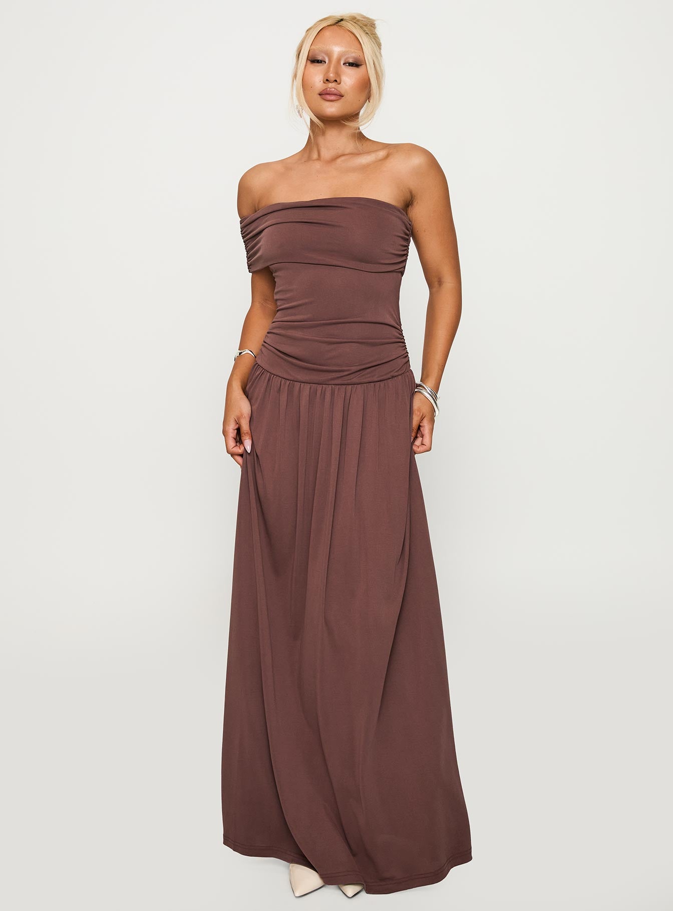 brown strapless dress Strapless Crepe Maxi Dress in Brown Brown / Large