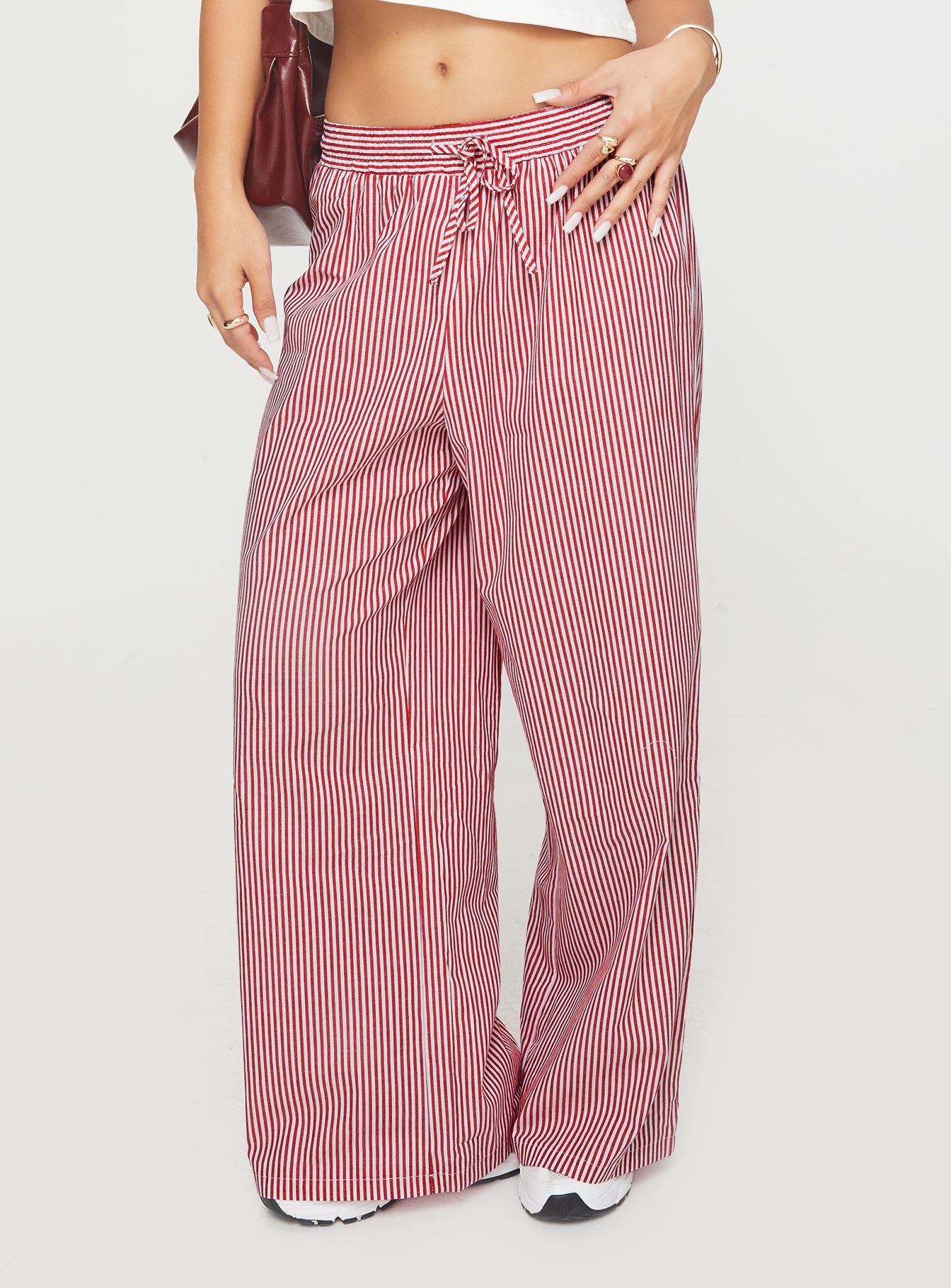 Holiday tie front pants red/white stripe