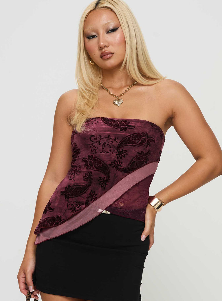 front view of model wearing Princess Polly Lourde Strapless Top Wine Sleeveless straight 