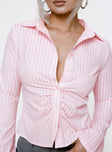 side view of model wearing Princess Polly Ambrose Shirt Pink Stripe Full Sleeves High Neck 