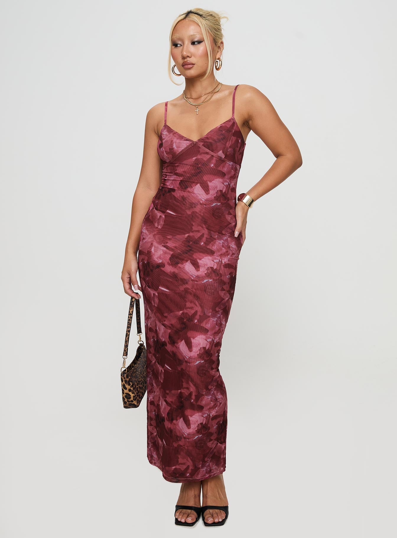 front view of model wearing Princess Polly Hathaway Maxi Dress Burgundy Floral V-Neck 