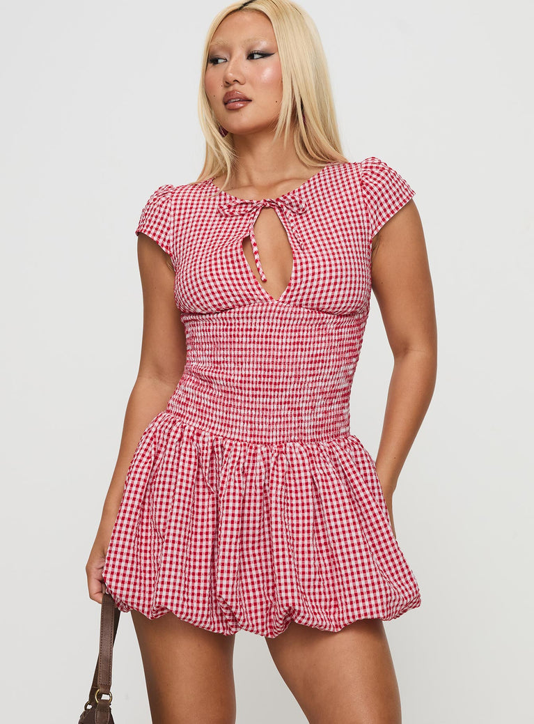 front view of model wearing Princess Polly Ladybug Gingham Mini Dress Red Crew Neck 