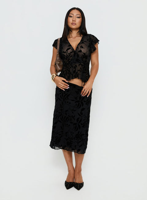   front view of model wearing Princess Polly Atira Midi Skirt Leaf Flower Black Midi Skirts 