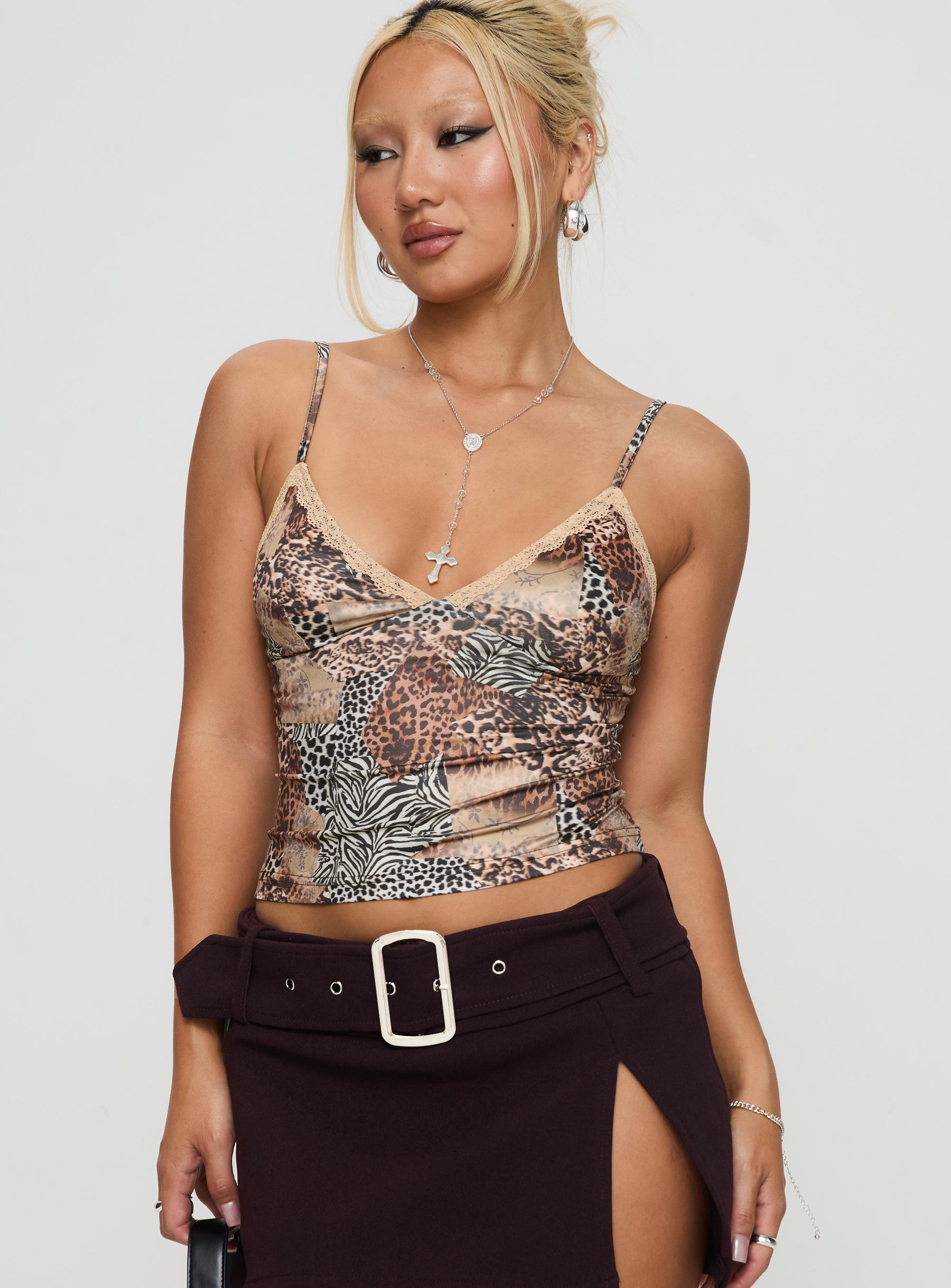 back view of model wearing Princess Polly Lepaisley Top Multi Sleeveless Plunger 