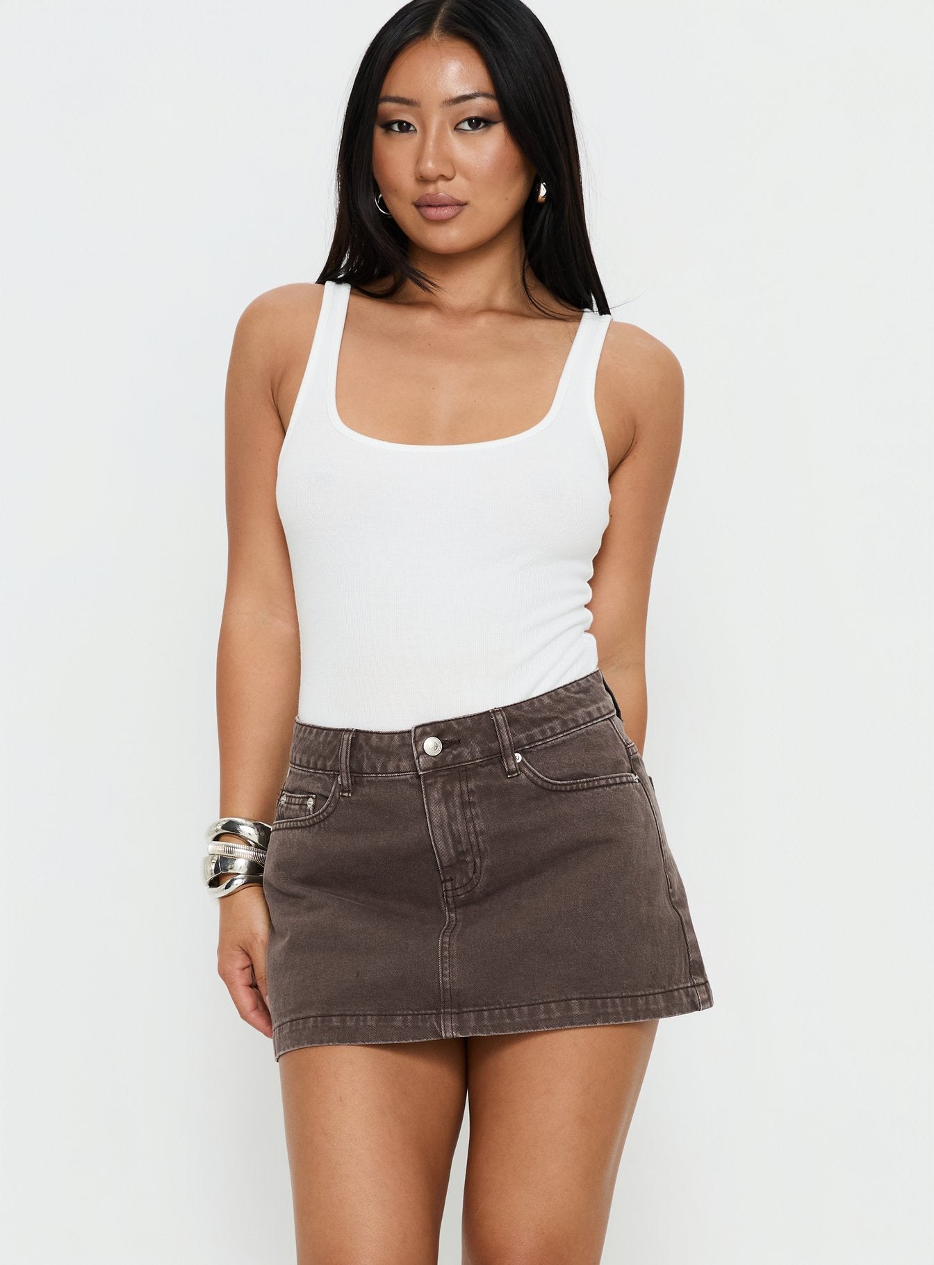 Nicolina Low Rise Denim Mini Skirt Washed Brown | Princess Polly